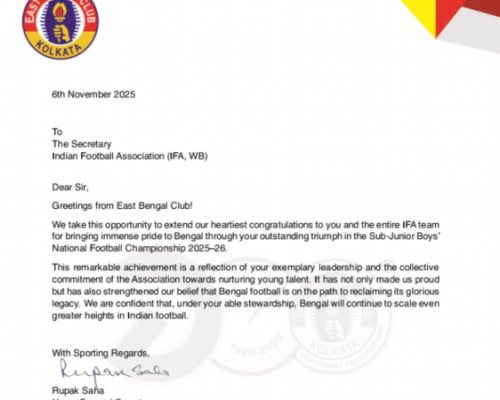সাব জুনিয়র বয়েজ জাতীয় ফুটবল প্রতিযোগিতা ২০২৫-২৬ এর চ্যাম্পিয়ন বাংলা I ইস্টবেঙ্গল ক্লাবের পক্ষ থেকে বাংলার ফুটবল টিমের এই সাফল্যের জন্য আই.এফ.এ কে শুভেচ্ছা বার্তা জানালো হলো I