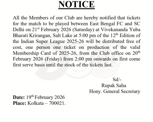 Notice for Member Ticket Collection: East Bengal FC vs SC Delhi