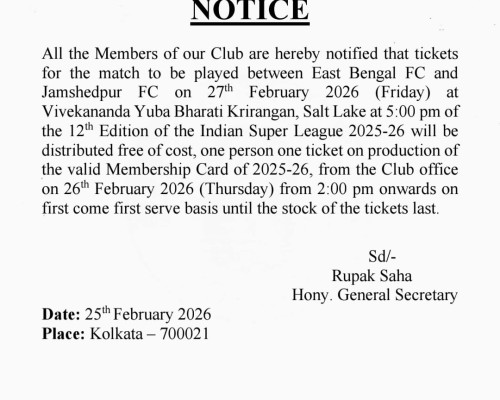 Notice for Member Ticket Collection: East Bengal FC vs Jamshedpur FC